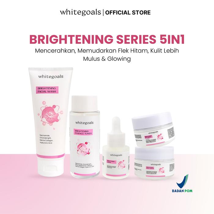 Gambar Whitegoals Brightening Series 5in1 - Skincare Paket Brightening - Facial Wash + Essence Toner + Serum + Day Cream + Night Cream - Membantu Mencerahkan Wajah & Flek Hitam - 5 Pcs dari Whitegoals Kota Pekalongan Tokopedia