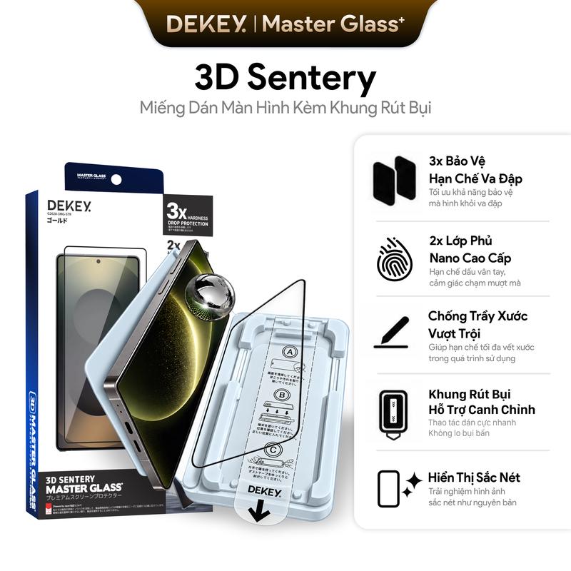 DEKEY Kính Cường Lực 3D Master Glass Sentery 9H Cho Samsung Galaxy Full Series S24-S25 Chống Va Đập & Vân Tay Dễ Dán Trong Suốt 96.8%, Có Khung Hỗ Trợ Dán Cực Dễ Desire Kính Điện Thoại