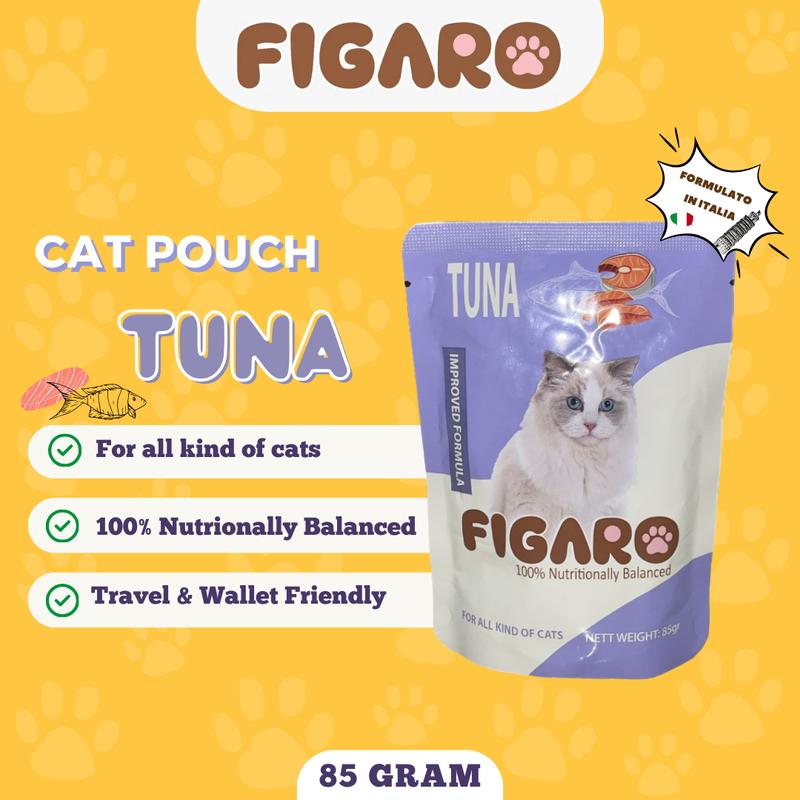 FIGARO CAT POUCH - TUNA 85 Gram Makanan Basah Kucing Adult Kitten Wet Food Sachet Saset Sobek All Stage Snack Creamy Strip Treats Treat PREMIUM INGREDIENTS INGREDIENT BAHAN FORMULATO IN ITALIA FORMULATED IN ITALY 1