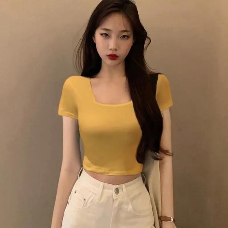 Crop Top Wanita Lengan Pendek Square Neck/Crop Katun Korean Style Atasan Lembut