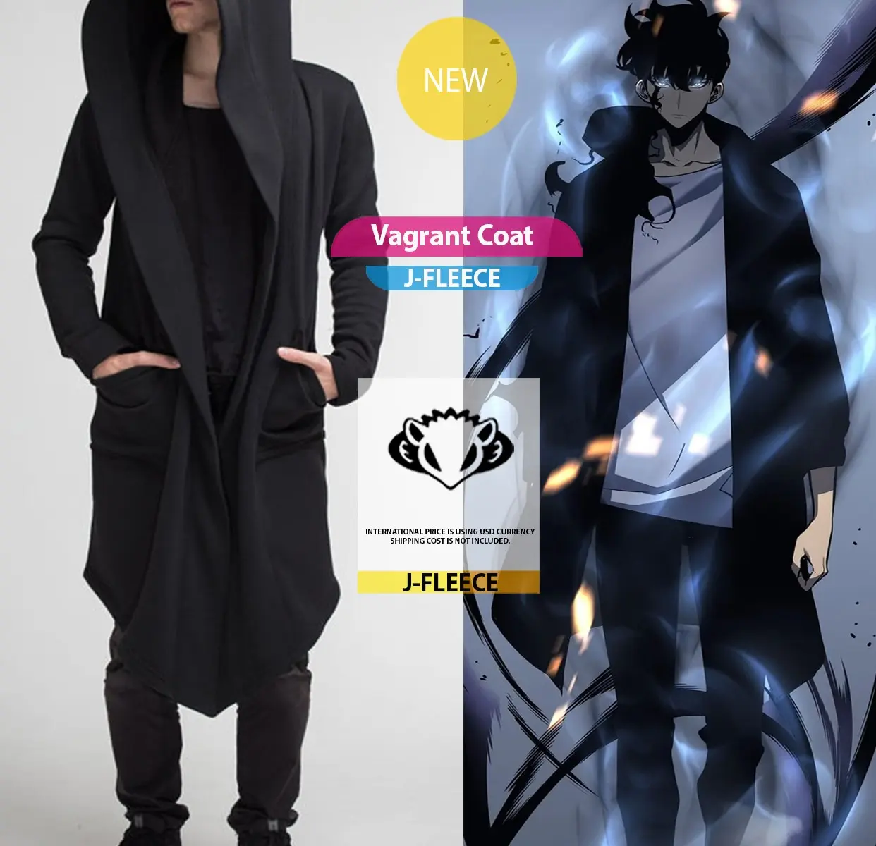 Black Vagrant Long Coat Jacket Hoodie Sweater