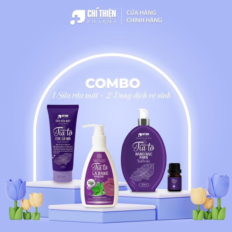  Combo 4 SP - che tên  2 chai Dung dịch vệ sinh tía tô hoa đậu biếc Lá bàng trầu không hoa bưởi Nano bạc NMN collagen Saffron ladycare tặng nước hoa+ Sữa rửa mặt Tía tô cúc la mã  - Dùng được cho cả Nam và Nữ 