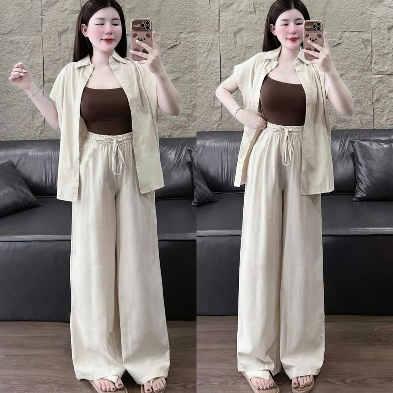 Set đồ nữ 3 món áo lót thun tăm kèm khoác from rộng phối nút cài thật mix quần dài ống rộng sang chảnh dành cho các nàng diện đi chơi