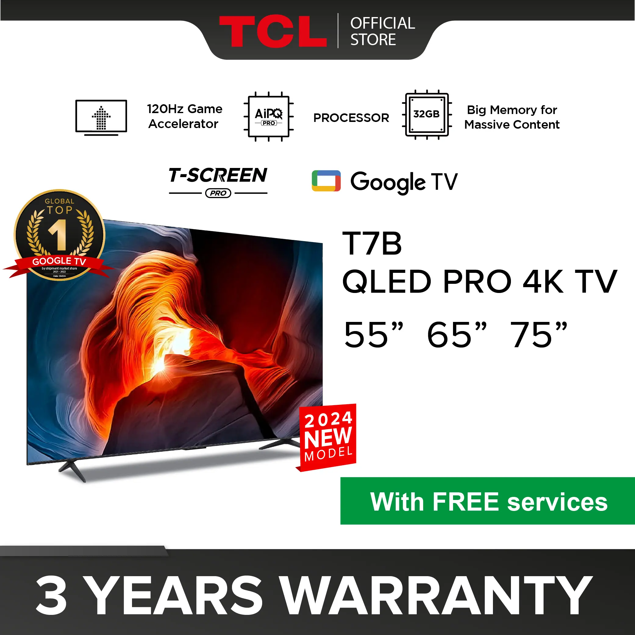 2024 TCL T7B QLED TV 55 65 75 inch | AI Smart Google TV | Eye care Version | QLED PRO| 55inch is pre-order item.