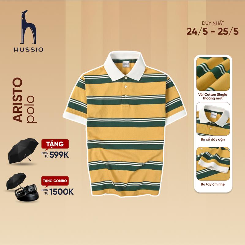 Áo polo nam ARISTO vải Cotton Single phối sọc ngang cao cấp, thanh lịch, sang trọng - HUSSIO 0