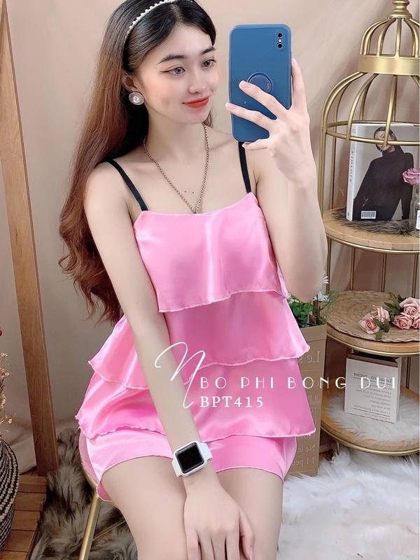Đồ Bộ 2 Dây Feeesize < 56kg Vải PHI Lụa mịn đẹp Set Bộ Đồ Ngắn Nữ Áo hai dây dây màu hoặc dây đen phối tầng thoáng mát tôn dáng trắng da Women TOp VOI