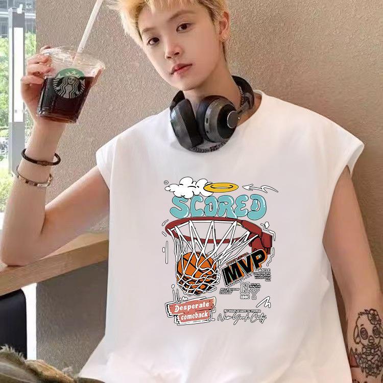 Rompi longgar tanpa lengan bergaya Amerika warna hitam putih untuk latihan kebugaran pria, atasan pria kasual dan serbaguna untuk sehari-hari, kaos pria.