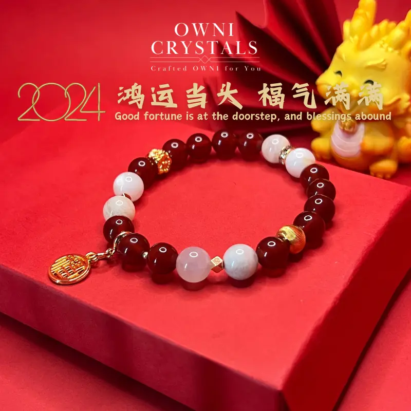 【OwniCrystals】CNY New year Red Agate Moonstone Natural charm crystal stone bracelet bangle for woman