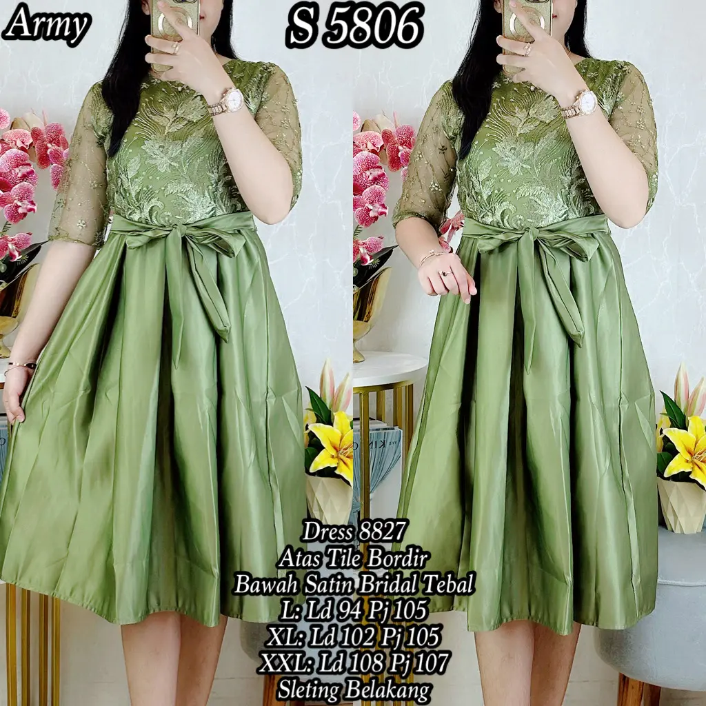 S 5806# Dress Satin Brida Kombinasi Tile 8827 Baju Pesta Natal Wanita