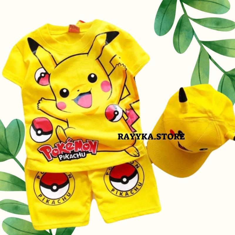 Baju Pikachu anak laki laki setelan pokemon anak cewek ada topi untuk umur 1-10 Tahun laki-laki Perempuan Katun Parsel 5
