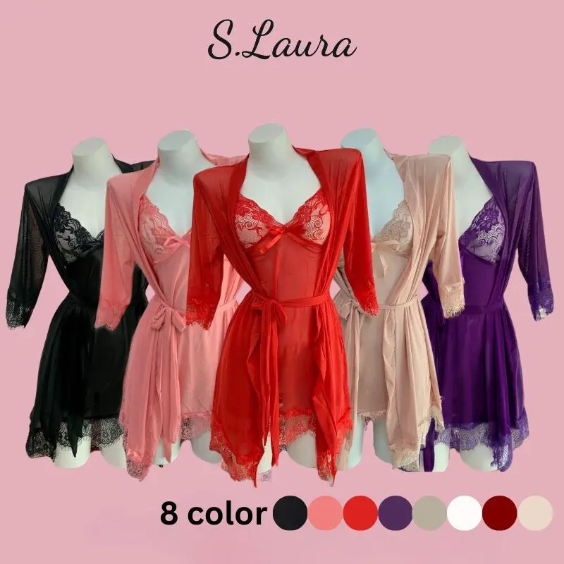 (40-100kg) Women Sleepwear Lingerie Lace Robes Two Pieces In One Set Robes Baju Tidur Wanita SLMS252