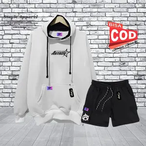Oneset Hoodie Celana Pendek Pria Wanita Distro Stelan Sweater Celana Cargo Bahan Flecee Size M L XL XXL Hitam Motif Astros Setelan Katun Dewasa Polos Casual Unisex Panjang
