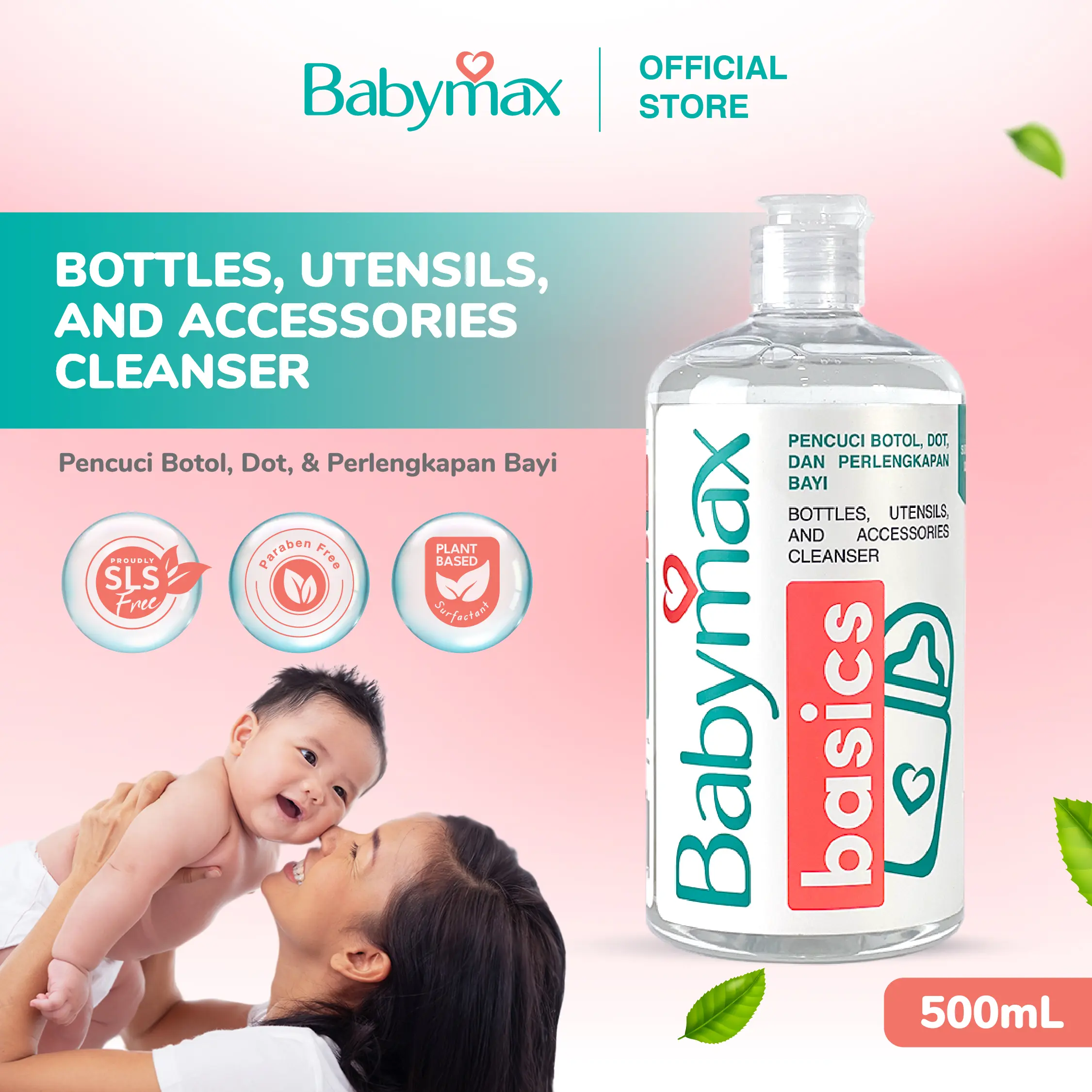 Babymax Basics Bottle, & Utensils, Cleansers 500 mL - Sabun Botol Bayi - SLS Free - Natural, Surfaktan Berbahan Dasar Tumbuhan