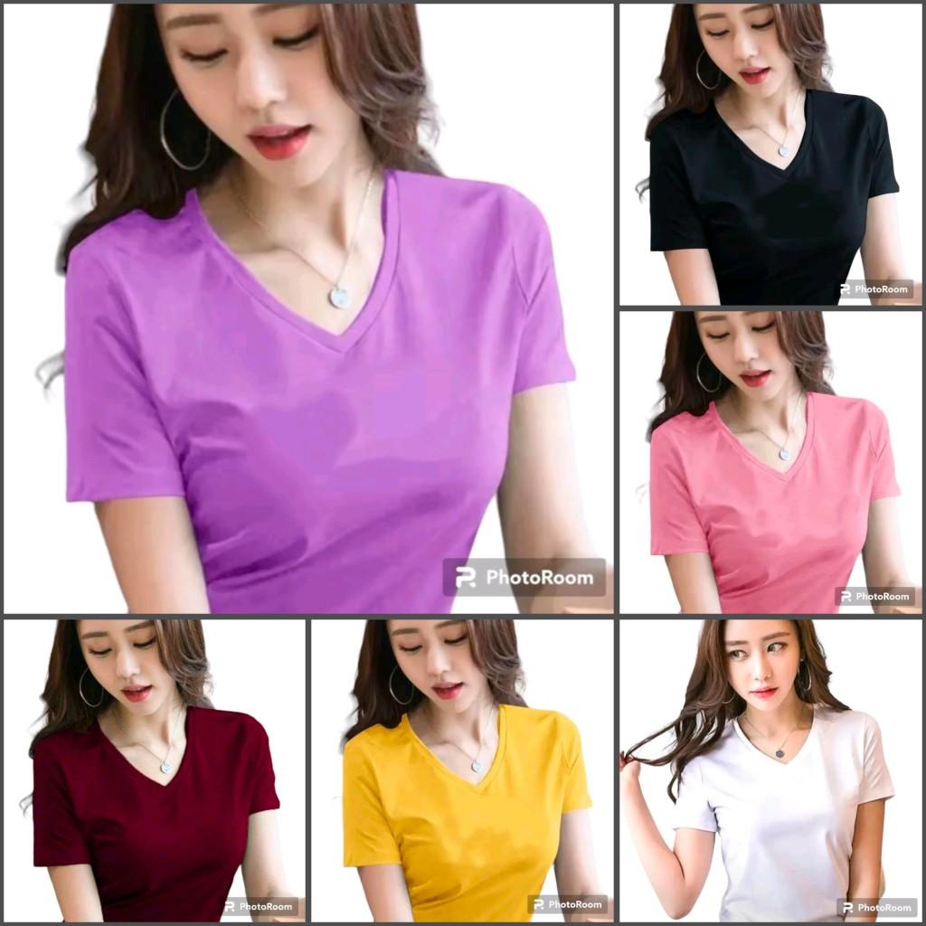 Paket 3 Pcs Kaos Wanita SlimFit Leher V-Neck Lengan Pendek Campur Warna