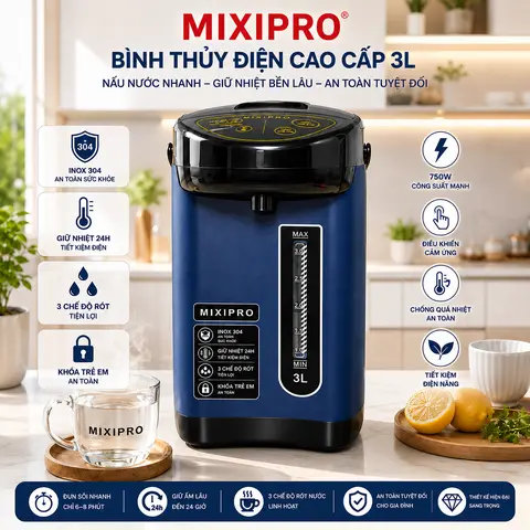 Bình Nước Nóng Thủy Điện Mixi Pro 3L – Inox Bền Đẹp, Đun Nhanh, Giữ Nóng Tiện Lợi