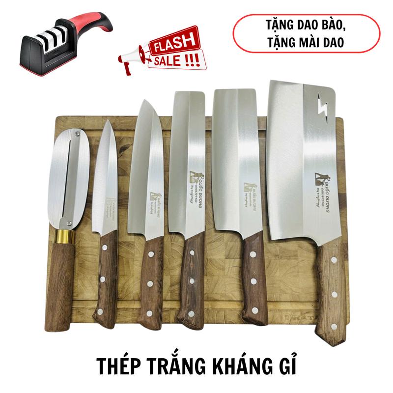  Bộ 5 dao cán ốp thép trắng Nhật không han gỉ cán gỗ mun ốp chốt 3 đinh chắc chắn - Mã 09  tặng dao bào tặng mài  
