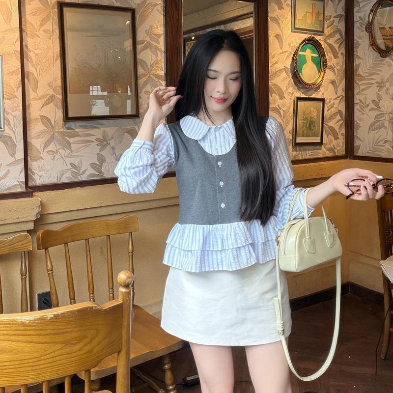  Áo sơ mi babydoll nữ phối gile trẻ trung style thu đông nhẹ nhàng LAMO - B1478 