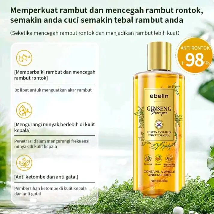 Ebelin Gingseng Shampo Ekstrak Herbal Alami Anti Hair Fall 300ml 3
