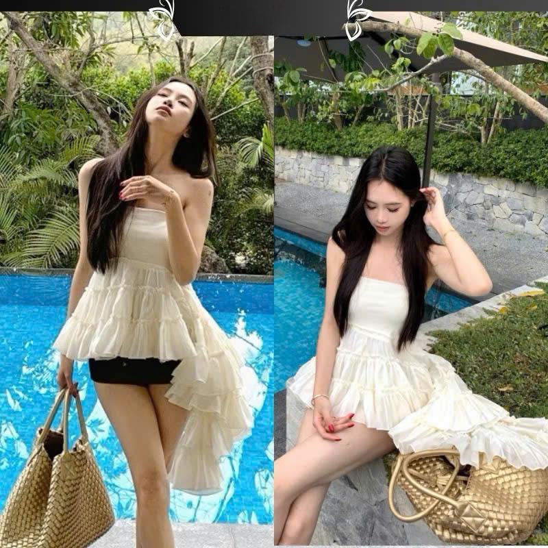 P193 - Áo quây cúp ngực bèo xéo xòe tầng tiểu thư hở lưng đi biển đi chơi