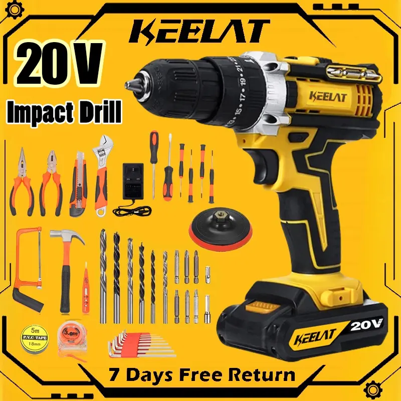 KEELAT Impact Wall Drill 20V Electric hand drill Cordless Drill Impact Drill Screwdriver With Wrench 3 Mode Switching