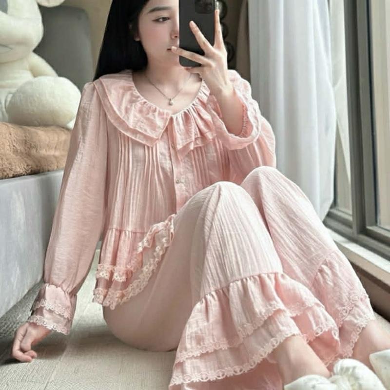  N501- pijama dài tay tiểu thư điệu viên bèo cúc xinh chất đũi tơ cho nữ - Bộ ngủ mặc nhà hàng quảng châu cao cấp 