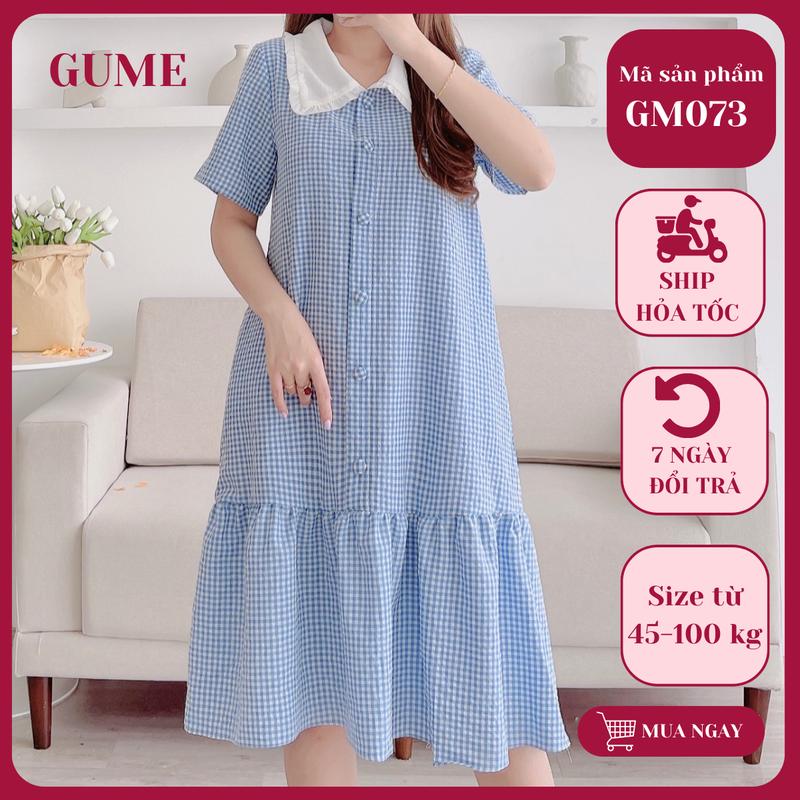  Váy bigsize Đầm bầu thiết kế công sở GuMe dáng suông đuôi cá Xanh caro phối cổ sen khuy dọc chất vải thô cotton mềm mát mặc đi làm đi chơi GM073 