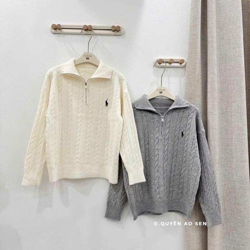 Áo len nữ cổ polo thêu ngựa cổ polo kéo khoá Lizhouse