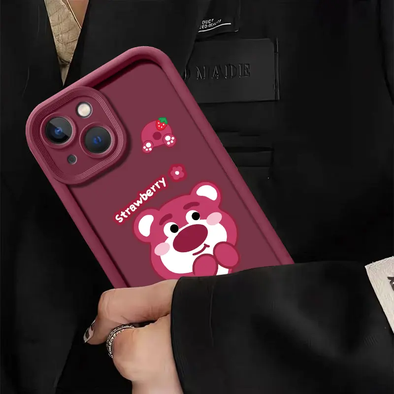 Vỏ silicon cho iPhone 15, 14Pro, 13, 12Promax, XR, XS , XsMax, 11Pro, 7plus, 8plus, 13pro, 15Pro, 14Pro, 14Pro, 14Plus, 7, phim hoạt hình màu hồng, gấu dâu tây dễ thương, bao gồm tất cả Slam 2