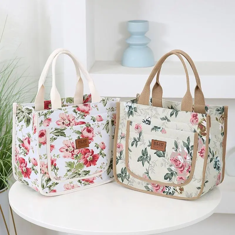Beg Tangan, Cetakan Bunga, Beg Makan Tengahari, Kapasiti Besar, Reka Bentuk Berakhir, Sesuai untuk Wanita, Mudah Alih, Pek Ais, Ciri Baharu Kanvas Bags Kain Lunch Serbaguna