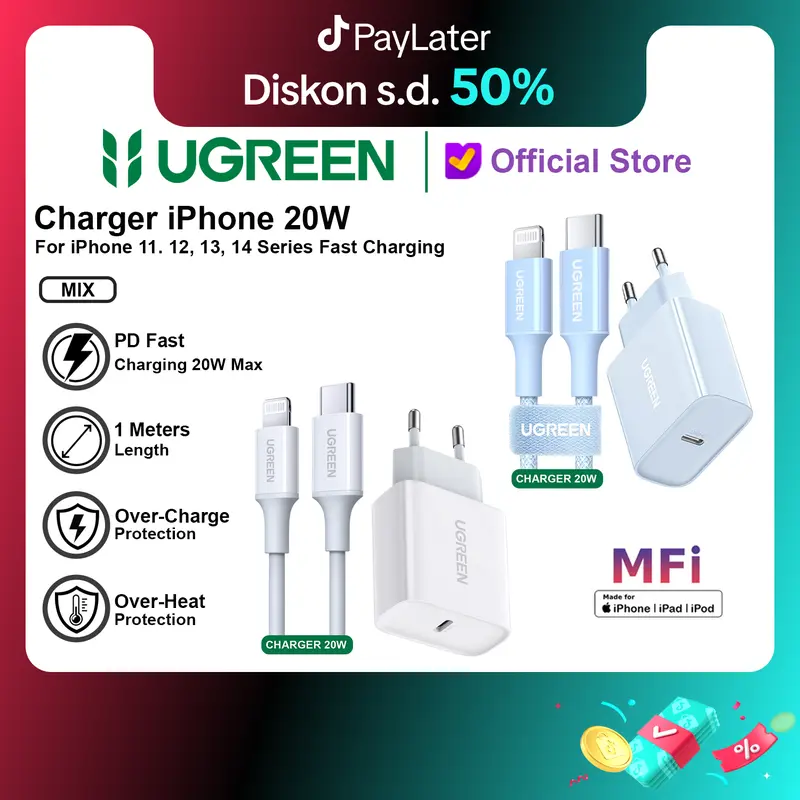 UGREEN Charger iPhone 11 12 13 14 Lightning MFI PD Type C Fast Charging 20w 0