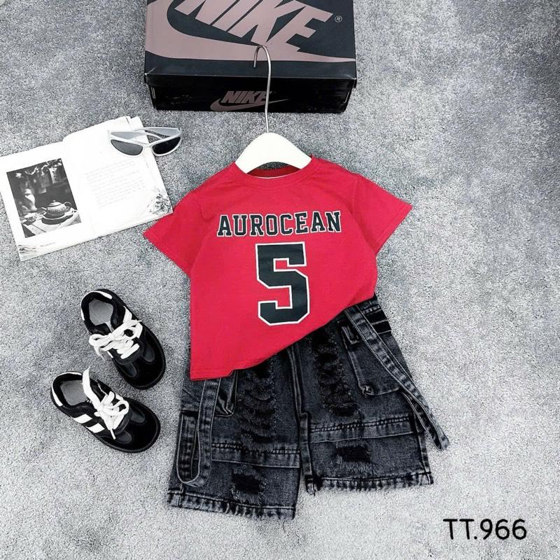 <ST> Set áo cotton đỏ số 5 mix quần jean túi hộp 4