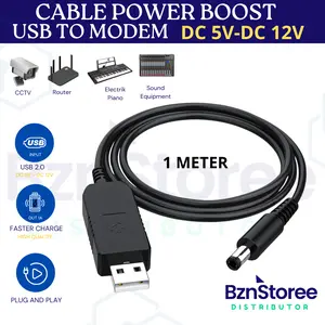 Kabel Konverter 1m USB DC 5V to Step-up 12V DC Jack 5.5mm x 2.1mm /Kabel Converter Adapter USB Power Boost DC 5V to DC 5V 9V 12V 1A - 5V DC /Kabel Power Modem/Router Orbit Telkomsel 12V DC USB Port Mobil