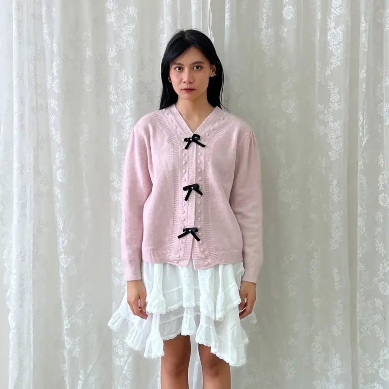 Belle Bow Knit Sweater Cardigan - Coquette Looks Rajut Pita - Bling It On Top Knitwear Wanita Atasan Panjang Kancing Baju 6
