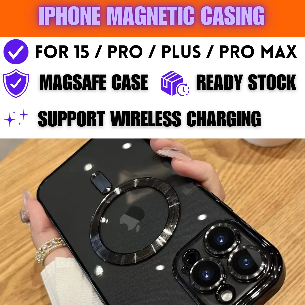 Luxury Magnetic Magsafe Case with built-in Lens Glass Protection Soft 15 Pro Casing