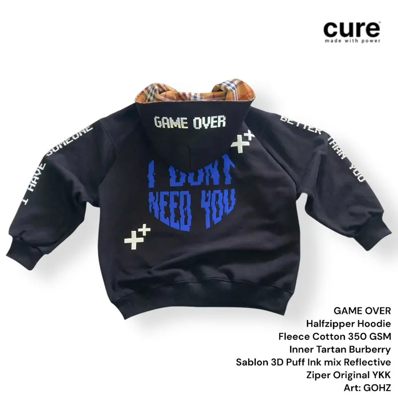 CURE, HALF ZIPPER HOODIE HITAM 350 GSM, GAME OVER, LIMITED EDITION, Boxy Fit, Bahan Katun Fleece, Inner Tartan , Ziper YKK, Unisex Pria Wanita 1