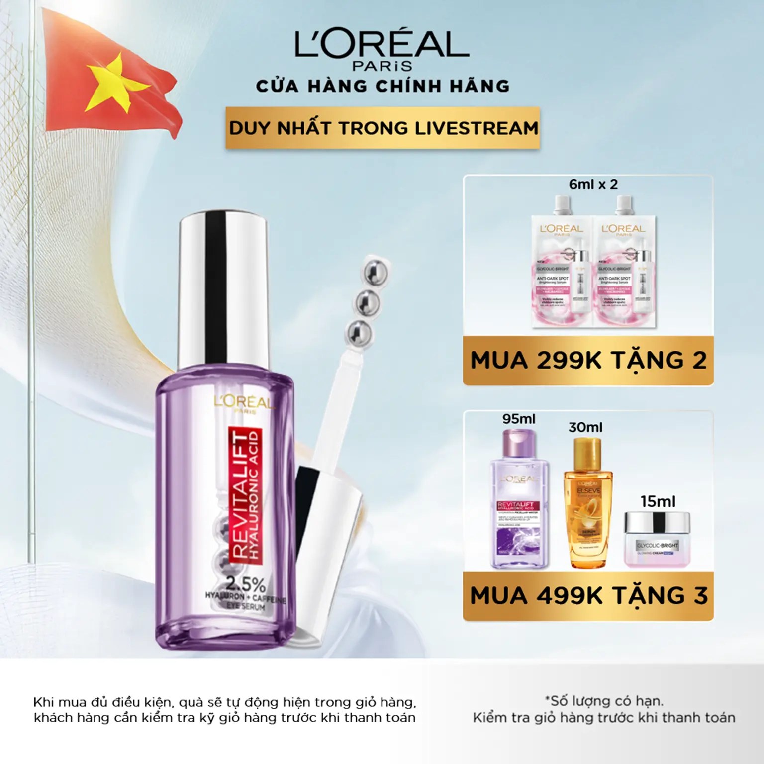 Serum dưỡng cấp ẩm giảm nếp nhăn vùng mắt L'Oréal Paris Revitalift Hyaluronic Acid+Caffeine Eye Serum 20ml