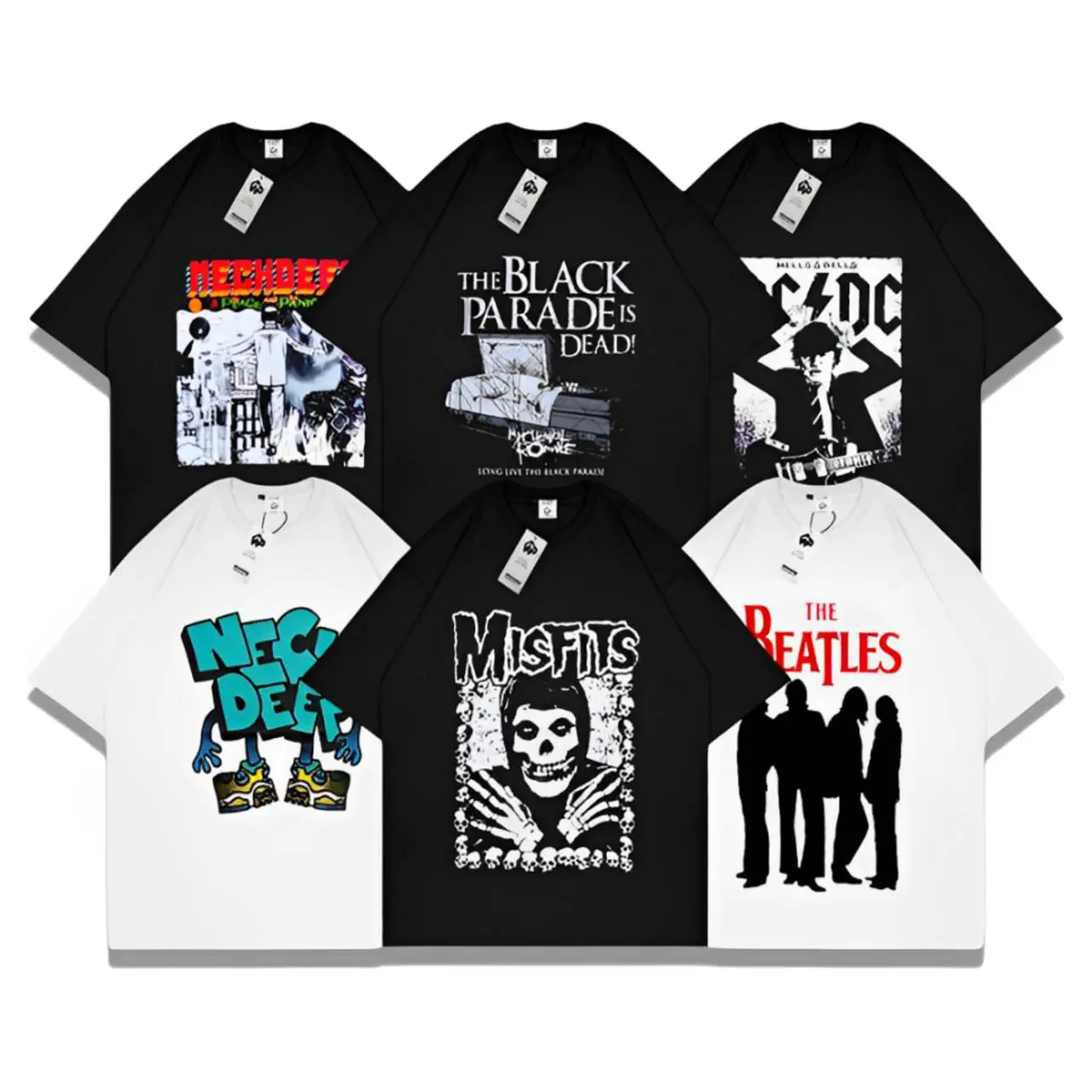 Kaos Band Distro Woopie Project BMTH ACDC MCR Neckdeep Lamb Of God Metallica The Beatles The Misfits Hitam Putih Outfits Skena Style Vintage Baju Pria Katun Combed Sablon t-shirt Dewasa Motif Keren Atasan Oversize
