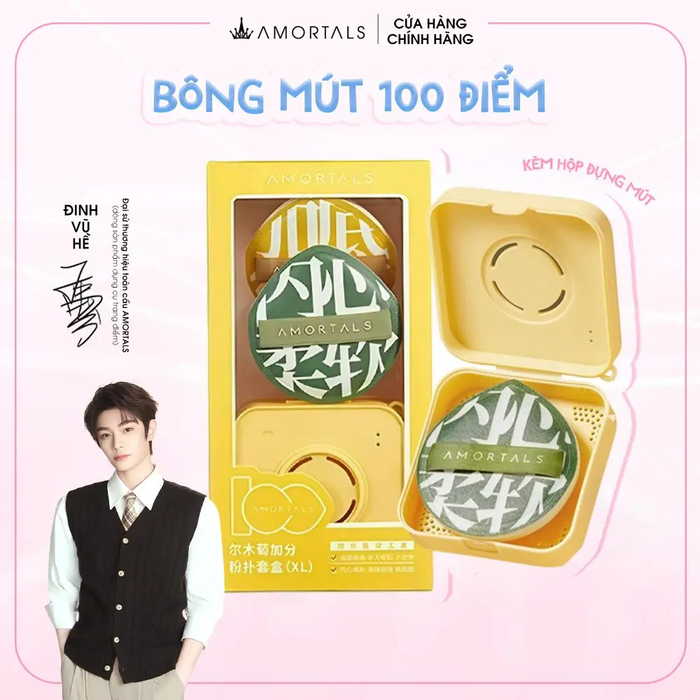 Bộ Mút Trang Điểm Phiên Bản 100 Điểm AMORTALS Chính Hãng – Dùng Khô & Ướt Đa Năng, Kèm Cọ & Hộp Đựng Tiện Lợi