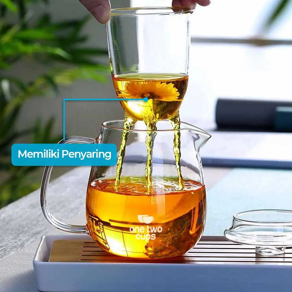 Teko wadah teh kaca dengan saringan infuser filter rempah teh anti panas