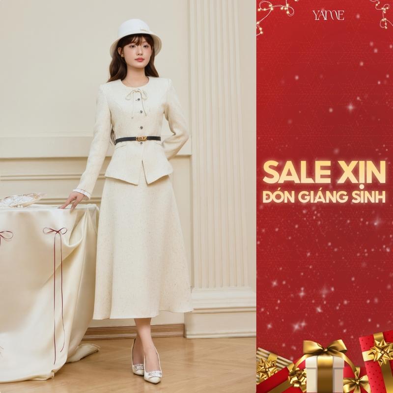  YAME - Set Áo Khoác Nữ Dáng Peplum Tay Vest Phối Bèo Vải Tơ Crep Cùng Chân Váy Dáng Xòe Đổ Kèm Thắt Lưng Ngẫu Nhiên Mua Full Set Mặc Đi Làm Đi Tiệc Serena YS798 