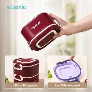 Ecentio Lunch Box 2in1 Stainless Steel 304 Kotak Makan Tahan Panas dengan 4 Kunci Pengaman & Seal Silikon Internal untuk Kitchenware