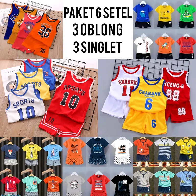 PAKET ISI 6 PCS RANDOM SETELAN COWOK CAMPUR SINGLET/3 SINGLET + 3 OBLONG /SETELAN COWOK 0-4 TAHUN 0