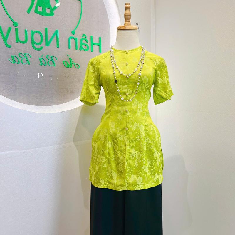 Hân Nguyễn Áo Bà Ba - B.A166 - Áo Bà Ba Gấm Tay Ngắn Dây Kéo Nút Ngọc Trai Quần Ngọc Trai
