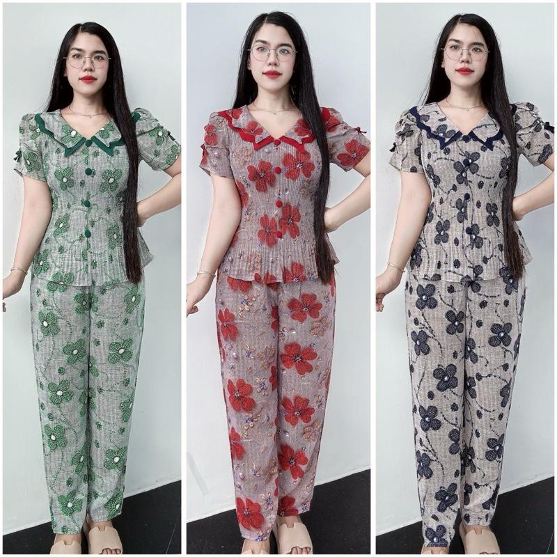 Đồ Bộ Nữ Tay Ngắn Quần Dài Áo Dập Ly Phom Thiết Kế Sang Trọng Chất Vải Mango Mịn Mát Có Nhiều Hoạ Tiết