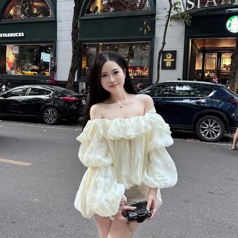  Áo trễ vai bèo voan tơ dáng bí bồng tà lệch 2 màu kem hồng tiểu thư - Nabi Top 