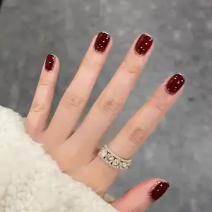 kuku palsu pendek Dan Lem Nail Art Wisuda Aesthetic Nikahan COD Hand Polish Maroon gliter A306BCP