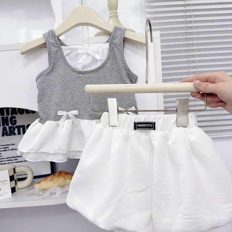 (Shopmesockids ) Quần áo hè,Sét áo xám mix quần trắng kiểu dáng bí phong cách Hàn cho bé gái 3
