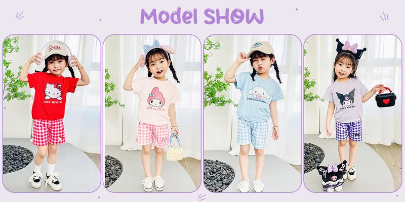 Product Introduction of BCBL Baby Girl Summer Set Kids Short Sleeve Plaid Shorts Kuromi Children's Outing Clothing Melody Pajamas Set Hello Kitty 5
