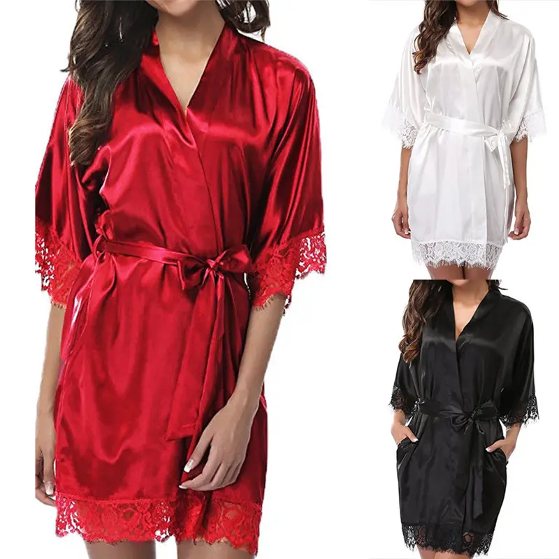 Áo Choàng Ren Dài Cho Nữ, Gợi Cảm, Cho Cô Dâu, Kimono, Lụa Satin, Áo Choàng Tắm Ban Đêm Thun Trắng