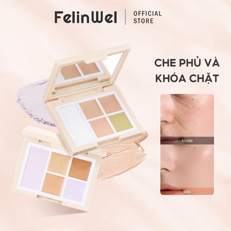 FelinWel - Bảng che khuyết điểm nhiều màu, đa công năng, có phấn phủ, triệt, Hiệu Chỉnh Màu Da, kết cấu mịn và ẩm, có 2 tông màu, kèm cọ tùy chọn
